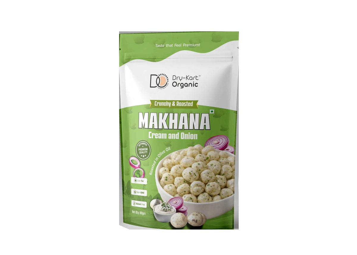 Front of the Dry-Kart Organic Cream and Onion Makhana 80 g pouch.
