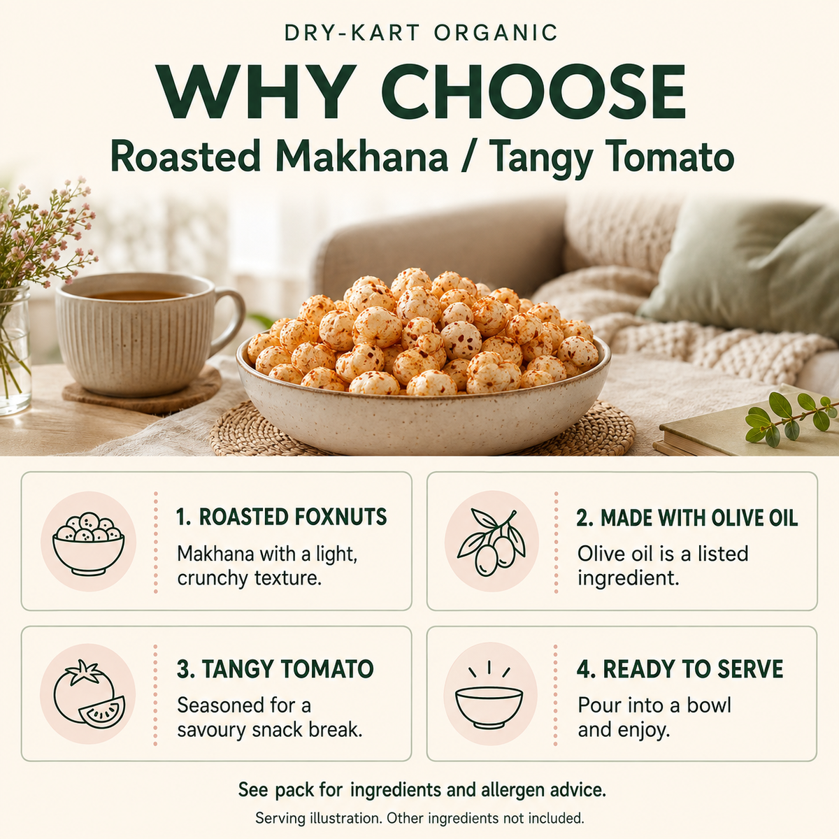 Roasted Makhana — Tangy Tomato | 55 g PET jar — product and serving information