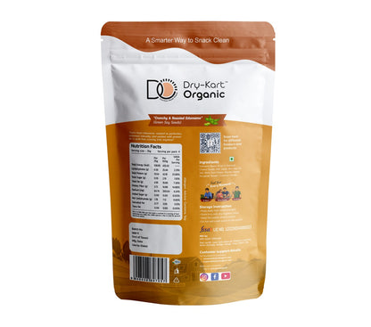Back of the Dry-Kart Organic Roasted Edamame Beans Cheese 100 g pouch, showing the declaration panel.