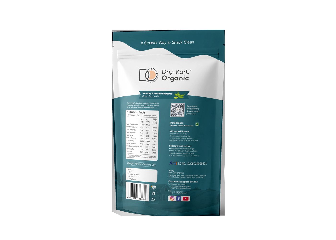 Back of the Dry-Kart Organic Classic Edamame Beans 100 g pouch, showing the ingredients and nutrition panel.
