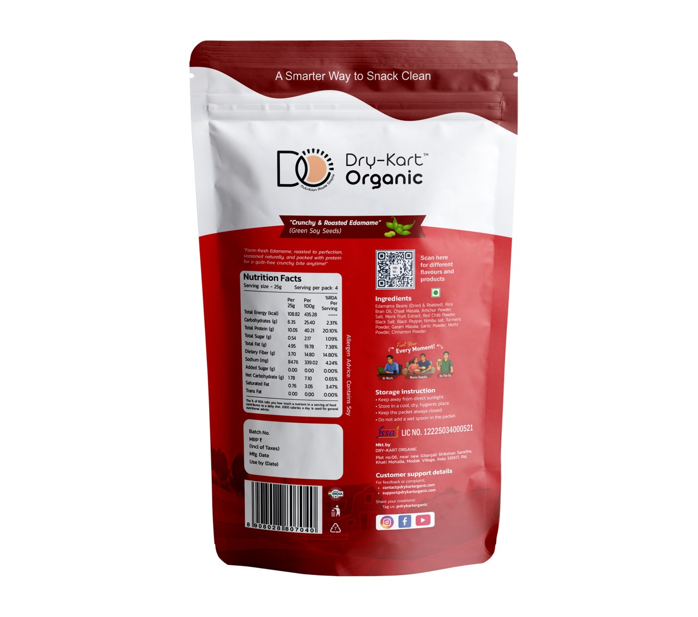 Back of the Dry-Kart Organic Roasted Edamame Beans Masala 100 g pouch, showing the declaration panel.