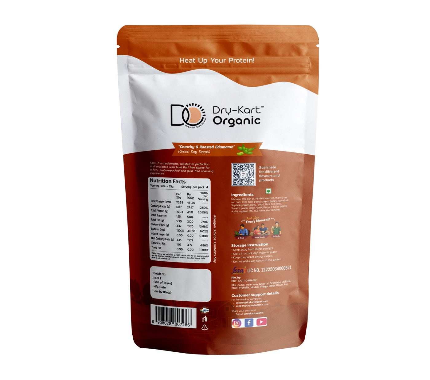 Back of the Dry-Kart Organic Roasted Edamame Beans Peri Peri 100 g pouch, showing the declaration panel.
