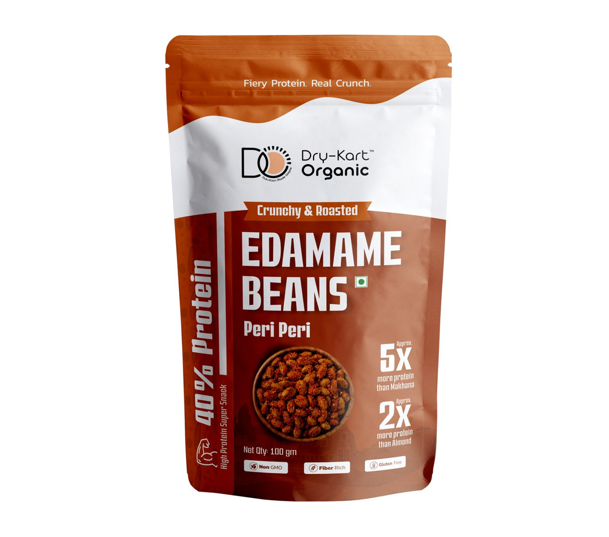 Front of the Dry-Kart Organic Roasted Edamame Beans Peri Peri 100 g pouch.
