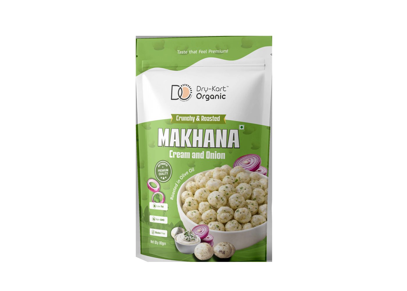 Front of the Dry-Kart Organic Cream and Onion Makhana 80 g pouch.