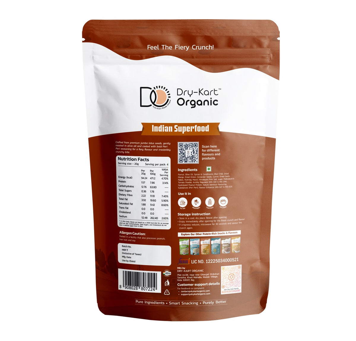 Back of the Dry-Kart Organic Roasted Makhana Peri Peri 80 g pouch, showing the declaration panel.