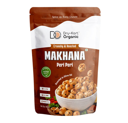 Front of the Dry-Kart Organic Roasted Makhana Peri Peri 80 g pouch.