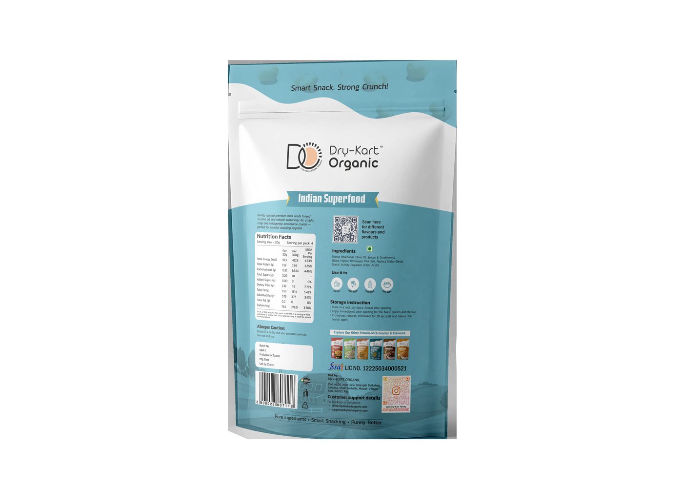 Back of the Dry-Kart Organic Himalayan Salt and Pepper Makhana 80 g pouch, showing the ingredients and nutrition panel.