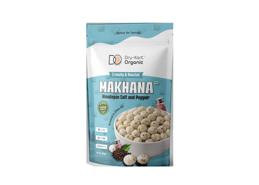 Front of the Dry-Kart Organic Himalayan Salt and Pepper Makhana 80 g pouch.