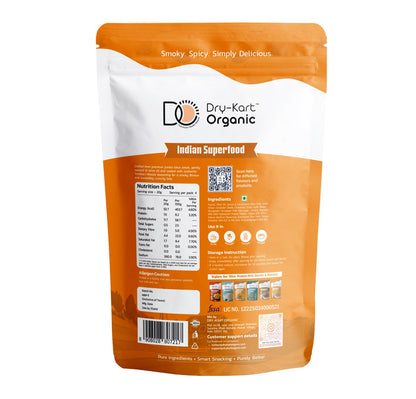 Back of the Dry-Kart Organic Roasted Makhana Tandoori 80 g pouch, showing the declaration panel.