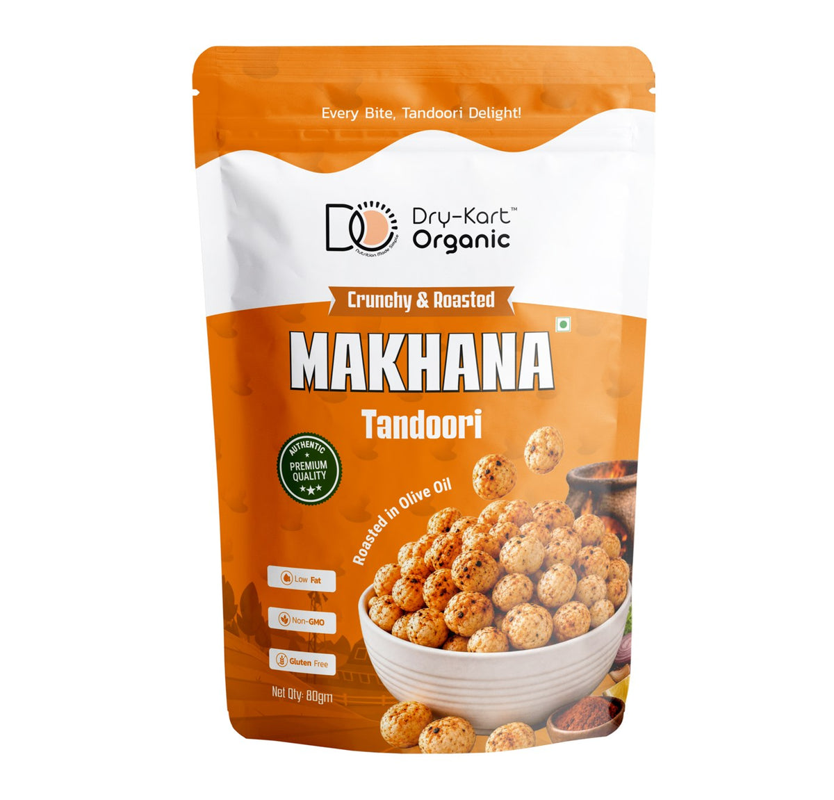Front of the Dry-Kart Organic Roasted Makhana Tandoori 80 g pouch.