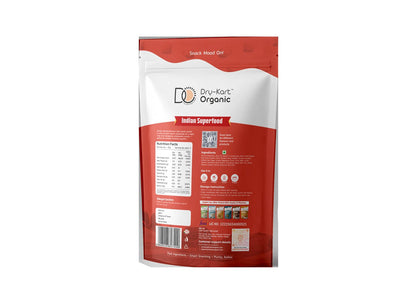 Back of the Dry-Kart Organic Tangy Tomato Makhana 80 g pouch, showing the ingredients and nutrition panel.