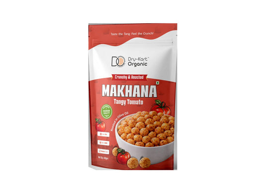 Front of the Dry-Kart Organic Tangy Tomato Makhana 80 g pouch.