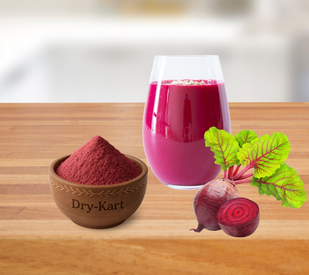 A bowl of beetroot powder beside a beetroot smoothie and fresh beetroot.