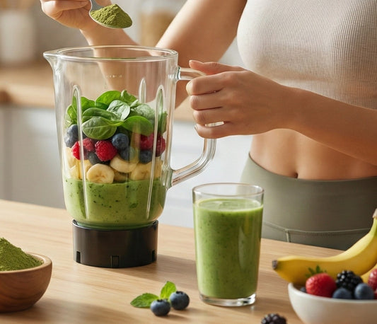 A bowl of moringa powder beside a blender of greens and fruit and a green smoothie.