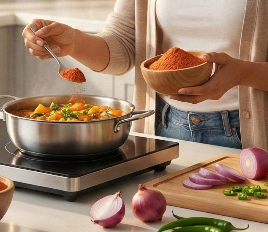 A bowl of tomato powder being spooned into a pan of curry, with onions and chillies alongside.