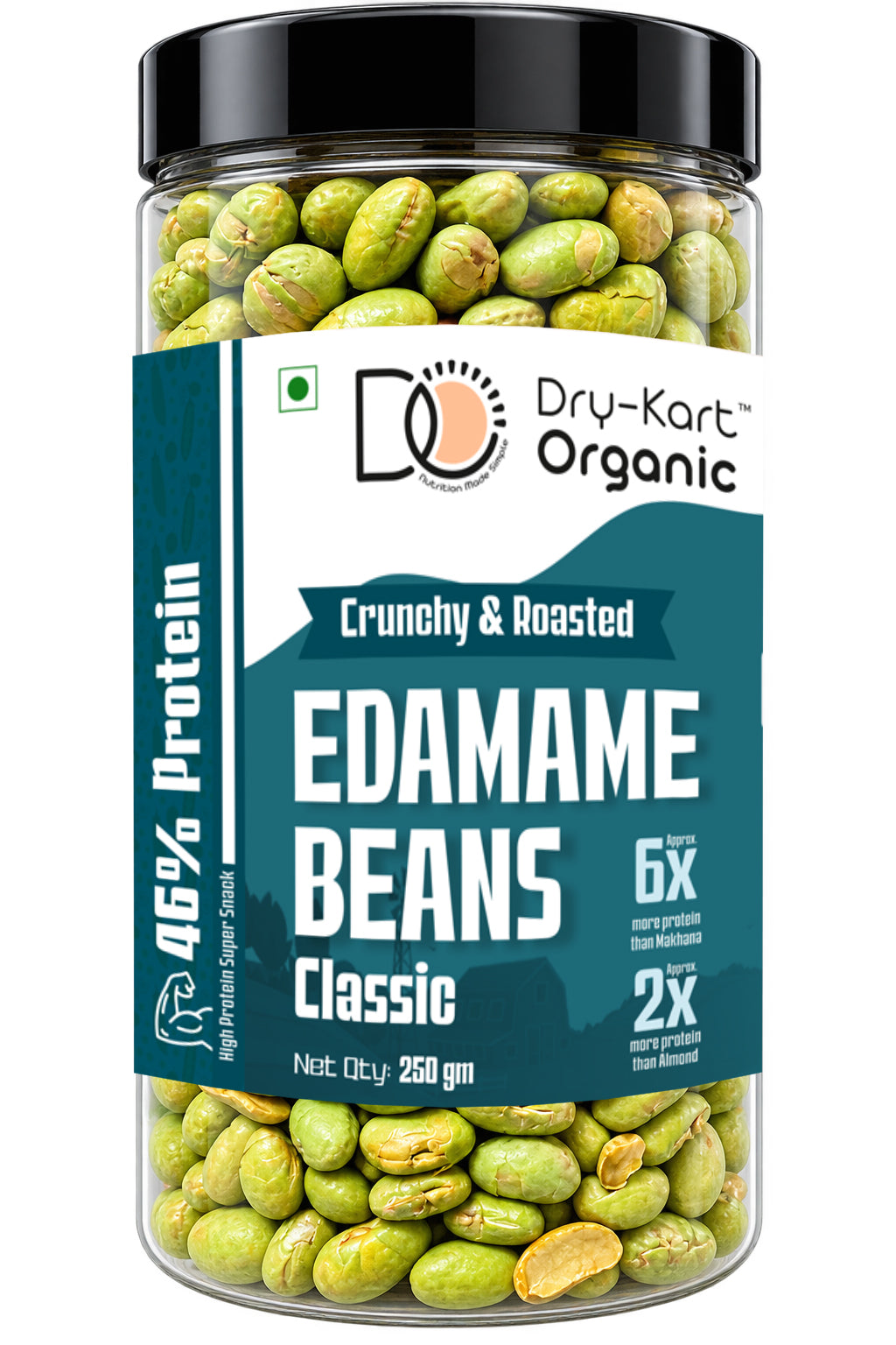 Dry-Kart Organic roasted edamame classic, 250 g PET jar, original front view