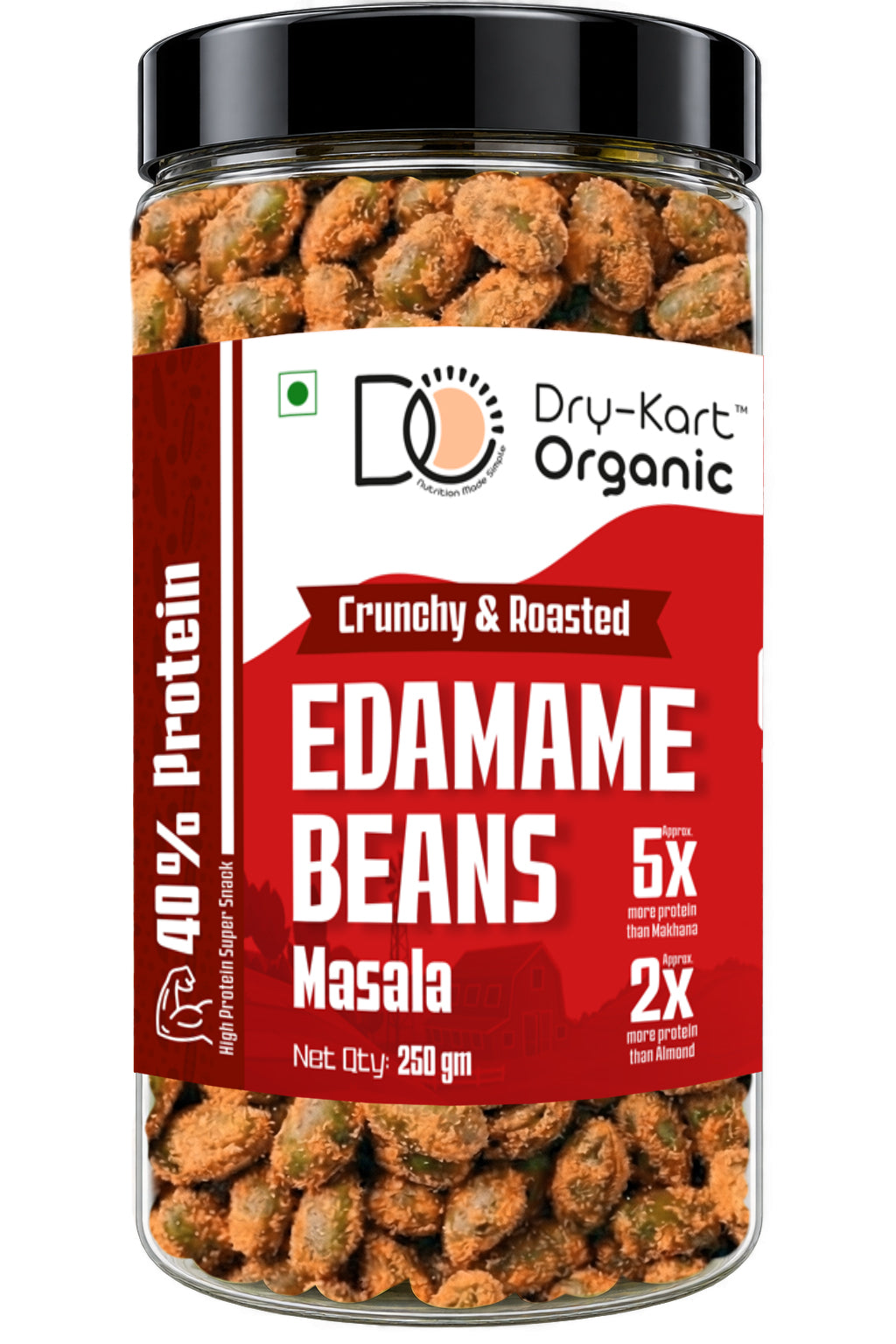 Dry-Kart Organic roasted edamame masala, 250 g PET jar, original front view