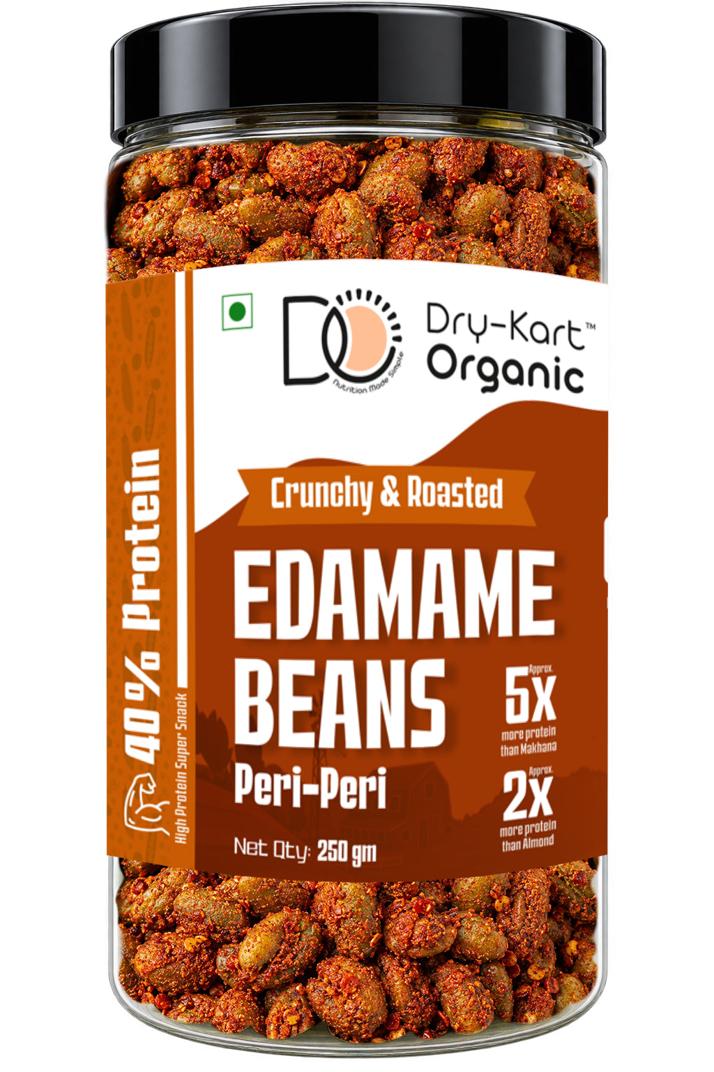 Dry-Kart Organic roasted edamame peri peri, 250 g PET jar, original front view