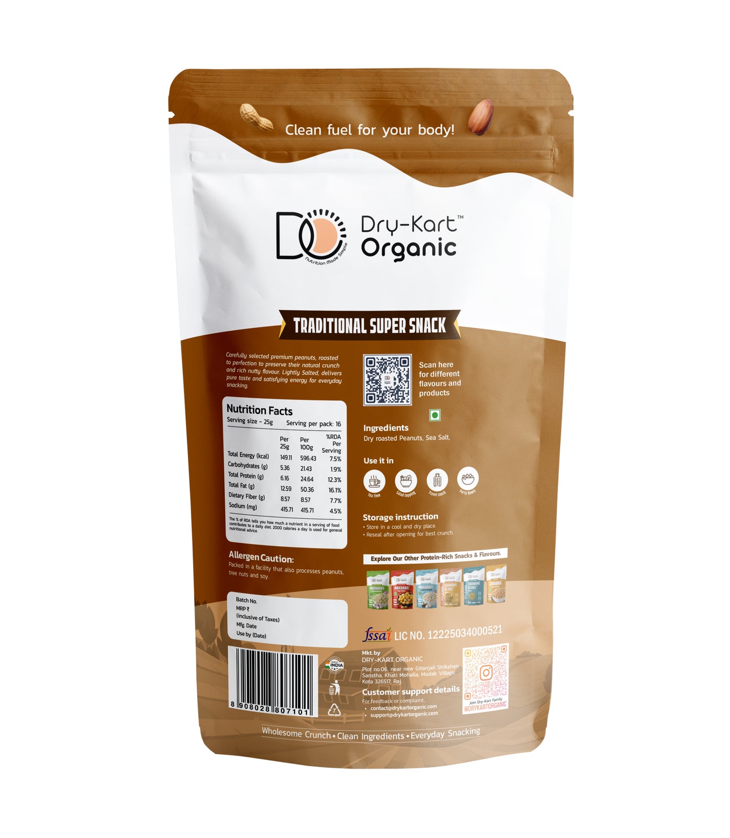 Dry-Kart Organic roasted peanuts, 400 g pouch, original back view