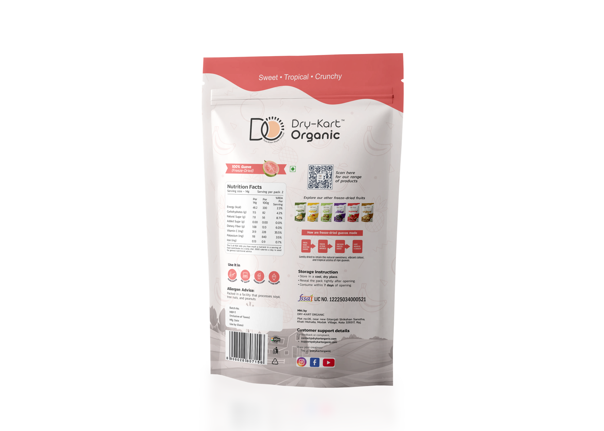 Dry-Kart Organic freeze dried pink guava, 28 g pouch, original back view