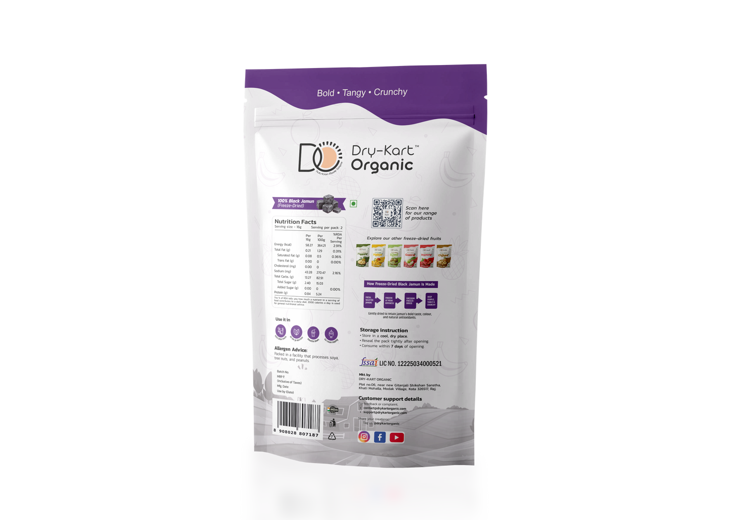 Dry-Kart Organic freeze dried black jamun, 32 g pouch, original back view