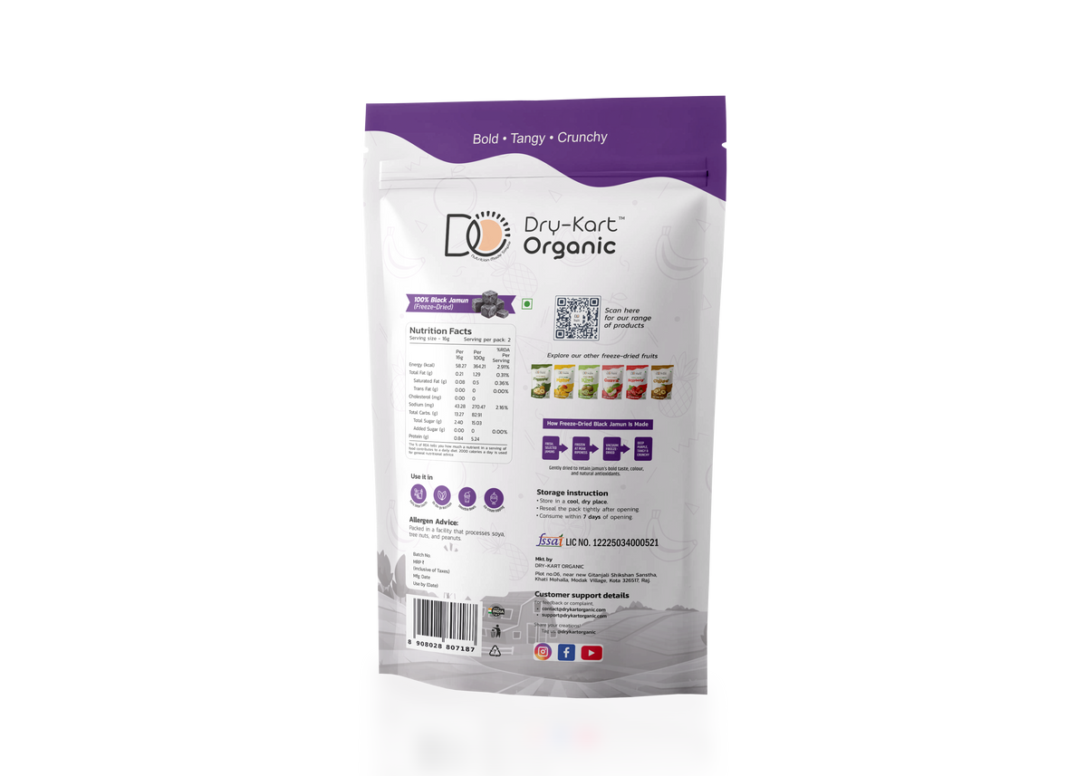 Dry-Kart Organic freeze dried black jamun, 32 g pouch, original back view