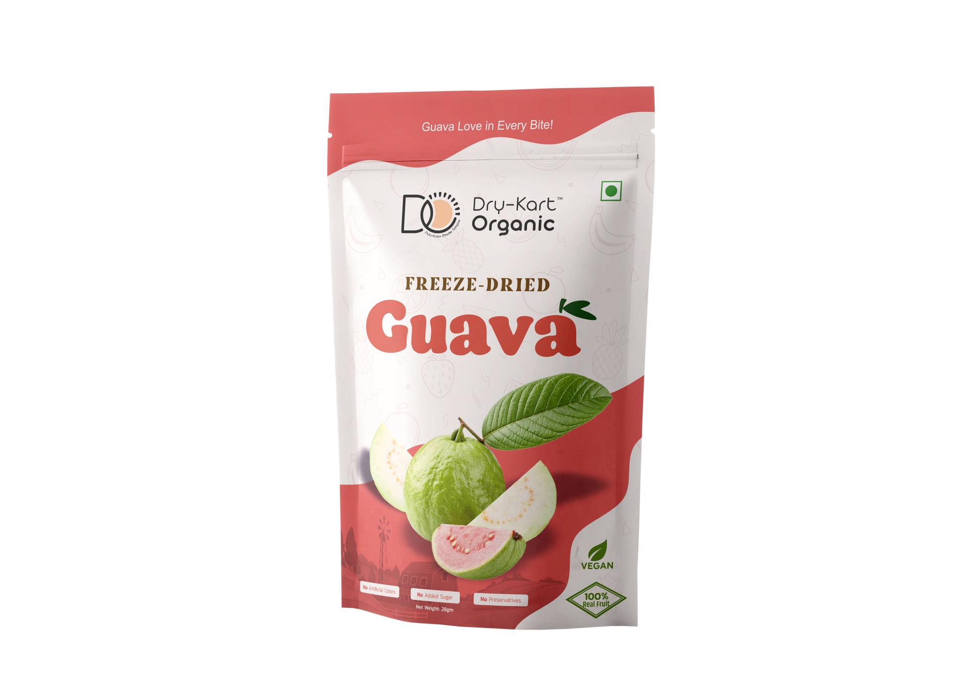 Dry-Kart Organic freeze dried pink guava, 28 g pouch, original front view