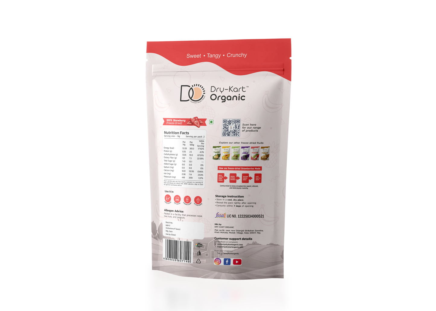 Dry-Kart Organic freeze dried strawberry, 28 g pouch, original back view