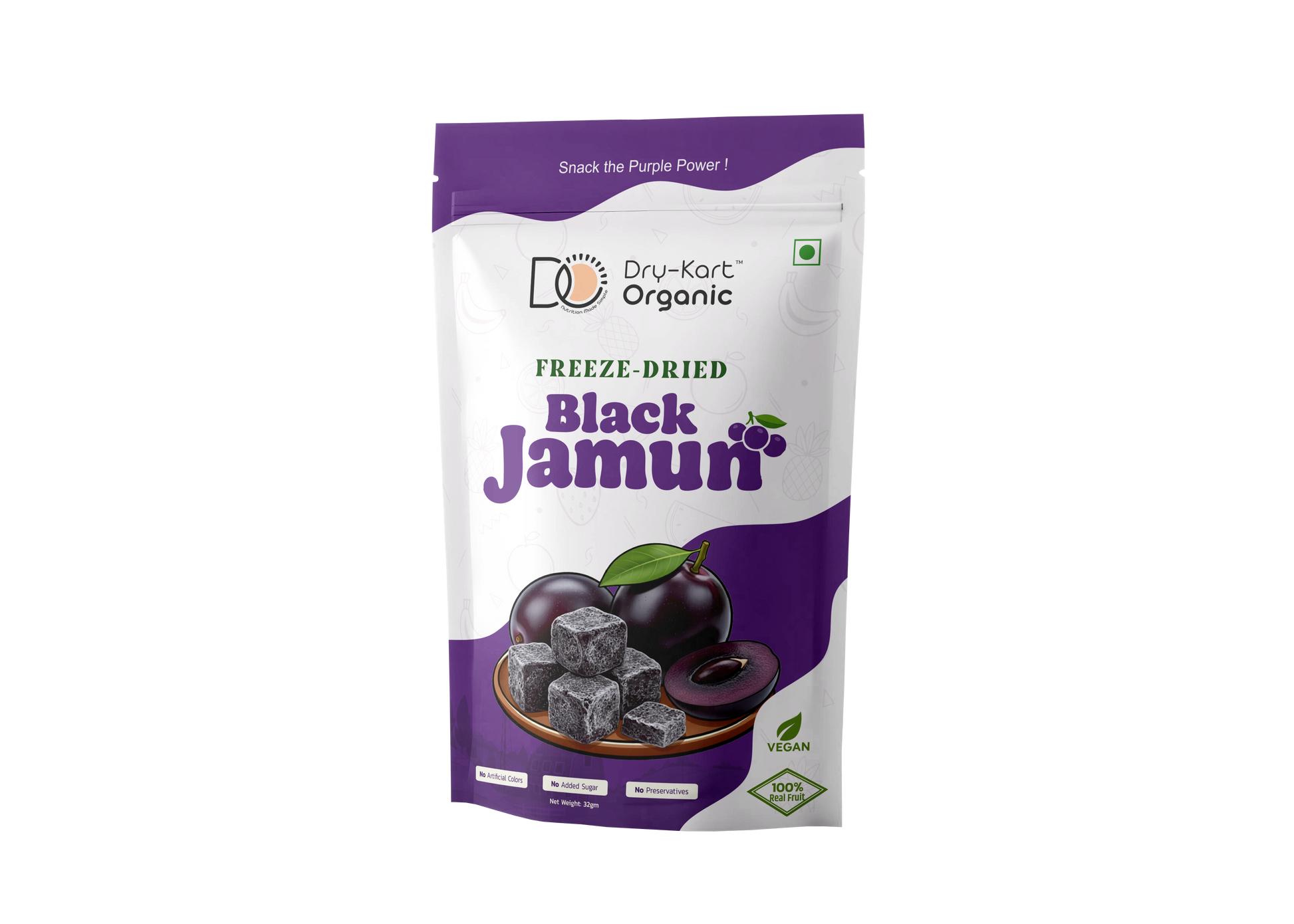 Dry-Kart Organic freeze dried black jamun, 32 g pouch, original front view
