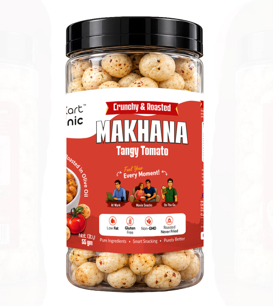 Dry-Kart Organic roasted makhana tangy tomato, 55 g PET jar, original front view