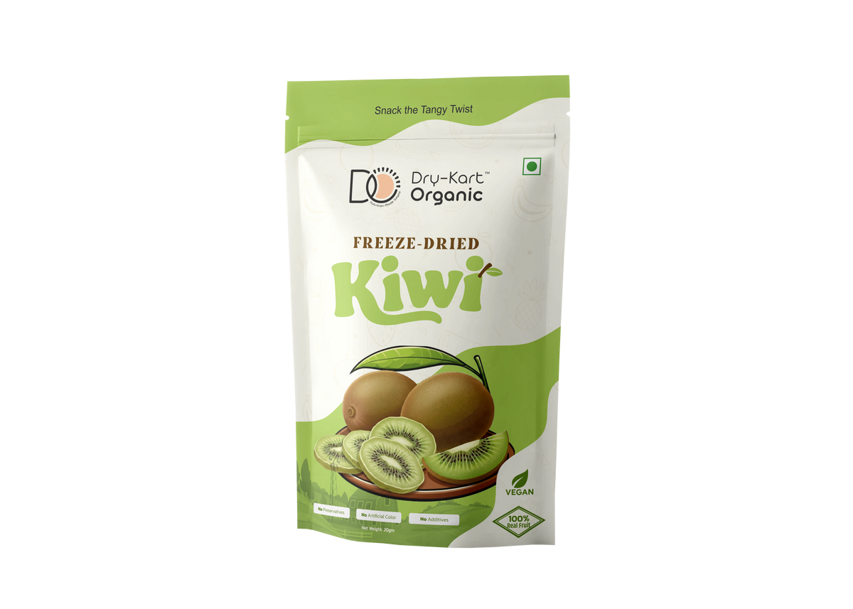 Dry-Kart Organic freeze dried kiwi, 20 g pouch, original front view