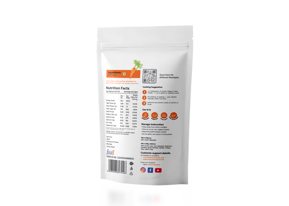 Dry-Kart Organic carrot powder, 100 g pouch, original back view