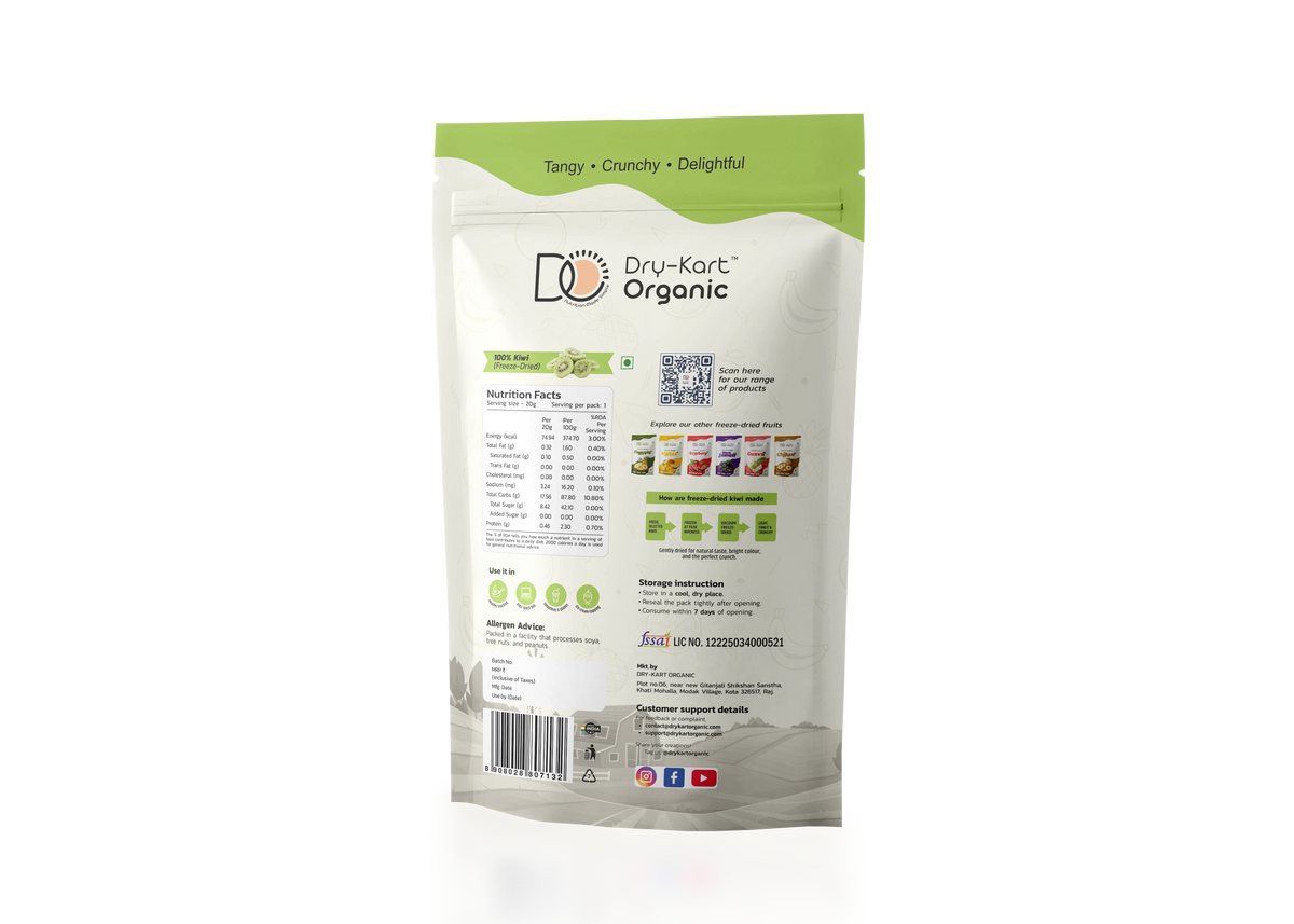 Dry-Kart Organic freeze dried kiwi, 20 g pouch, original back view