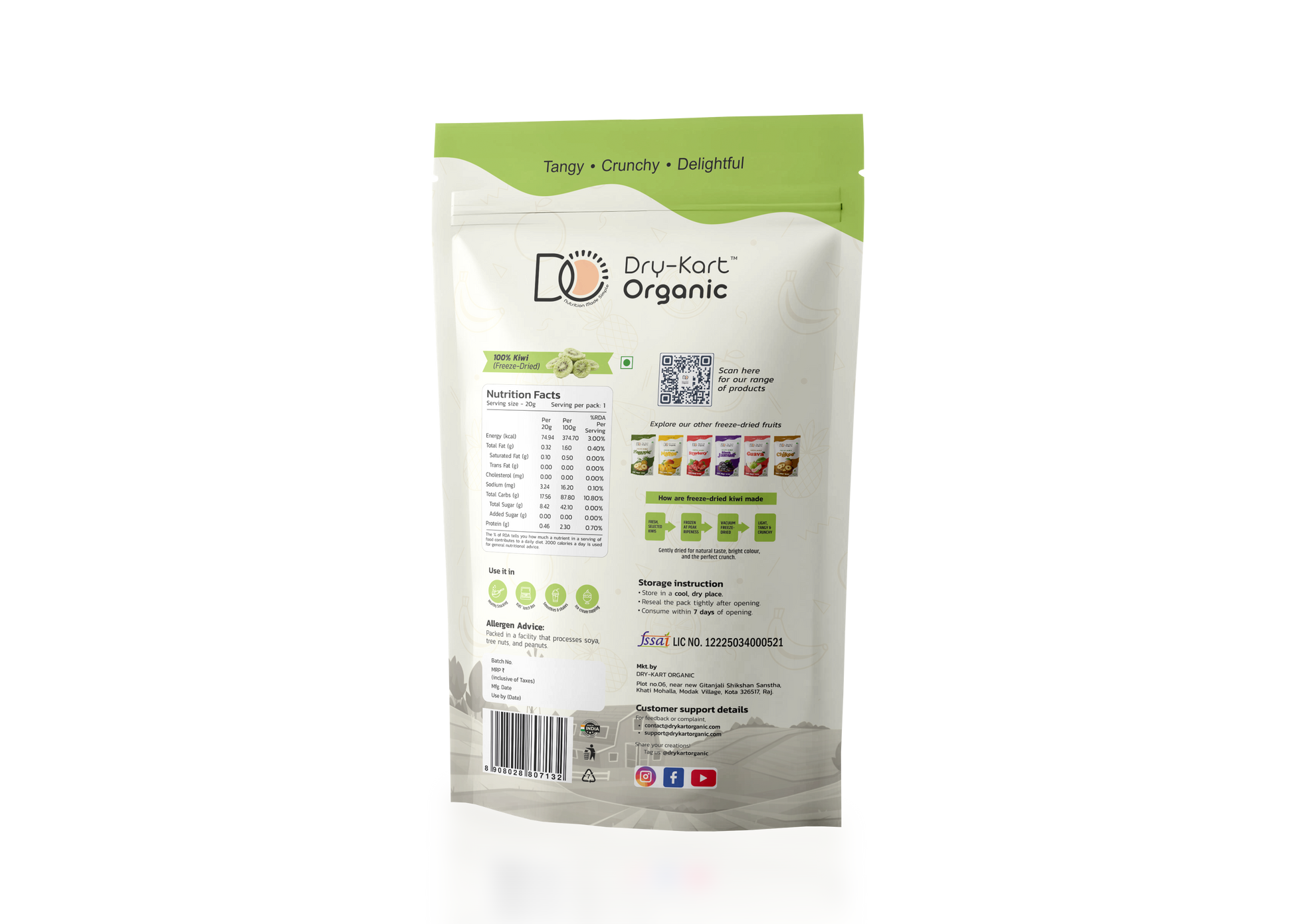 Dry-Kart Organic freeze dried kiwi, 20 g pouch, original back view