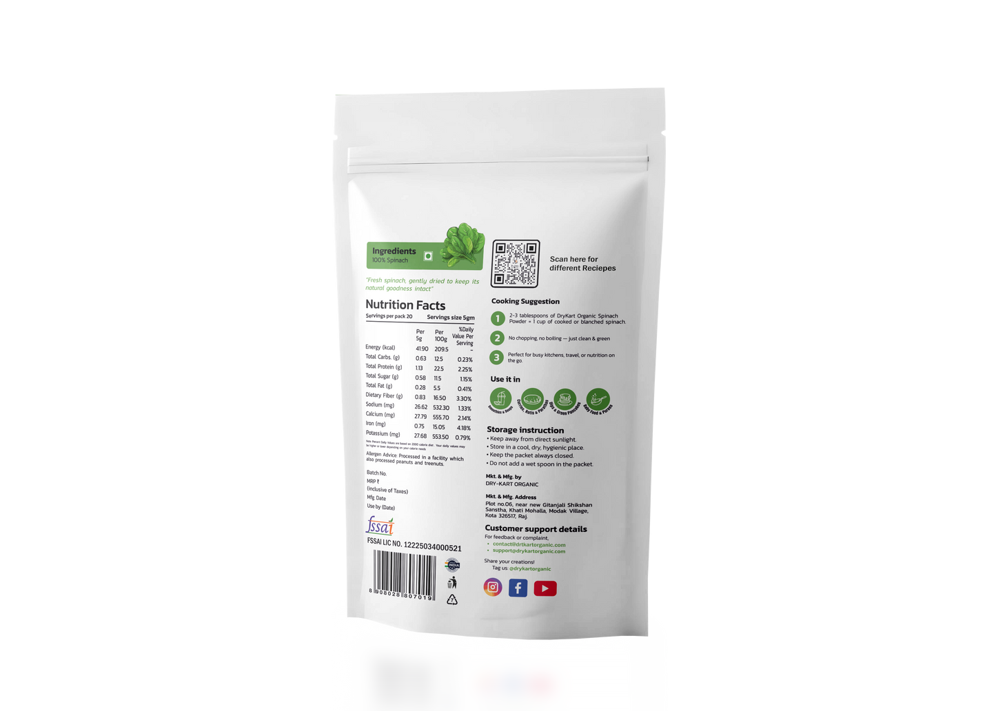 Dry-Kart Organic spinach powder, 100 g pouch, original back view