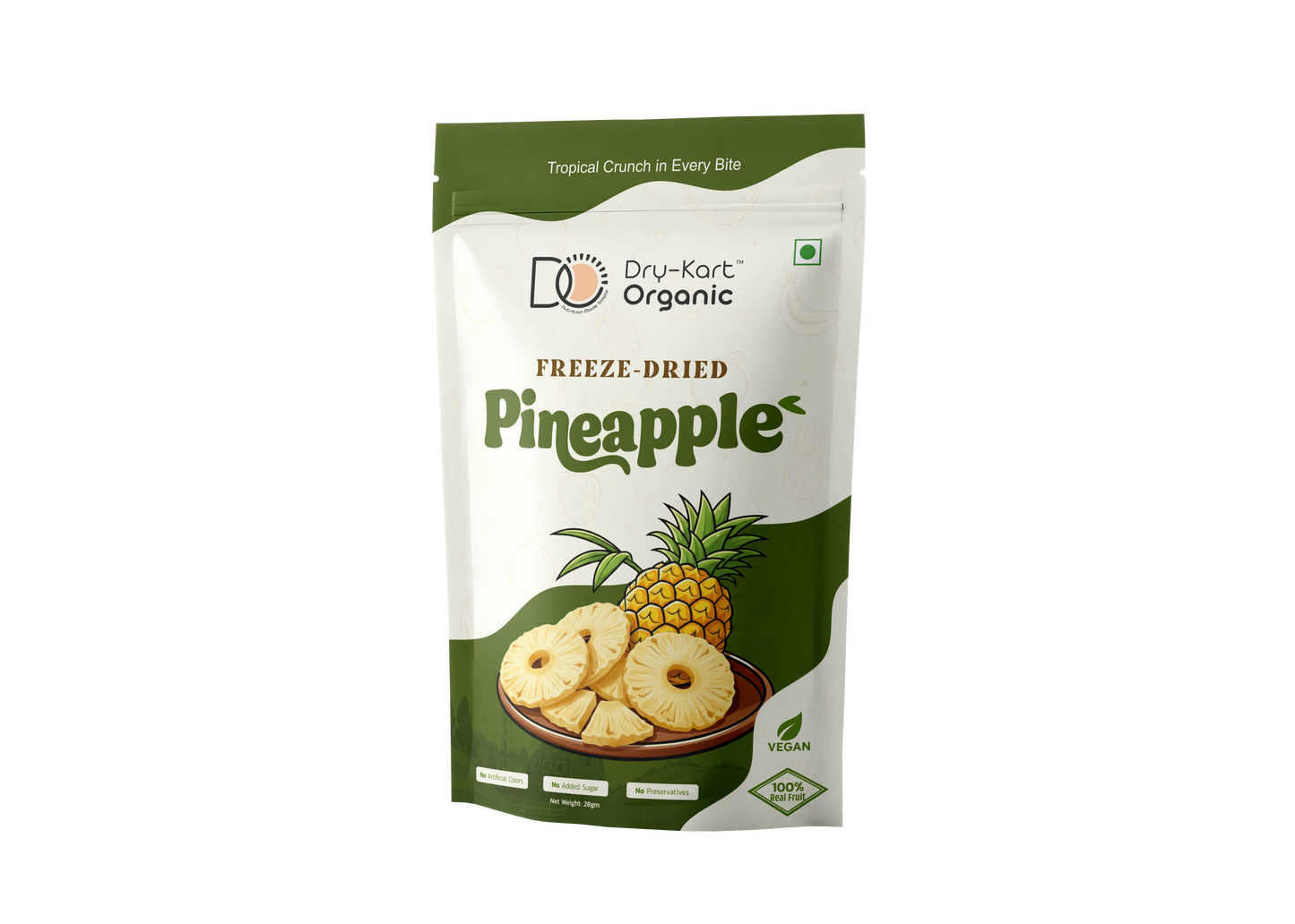 Dry-Kart Organic freeze dried pineapple, 28 g pouch, original front view