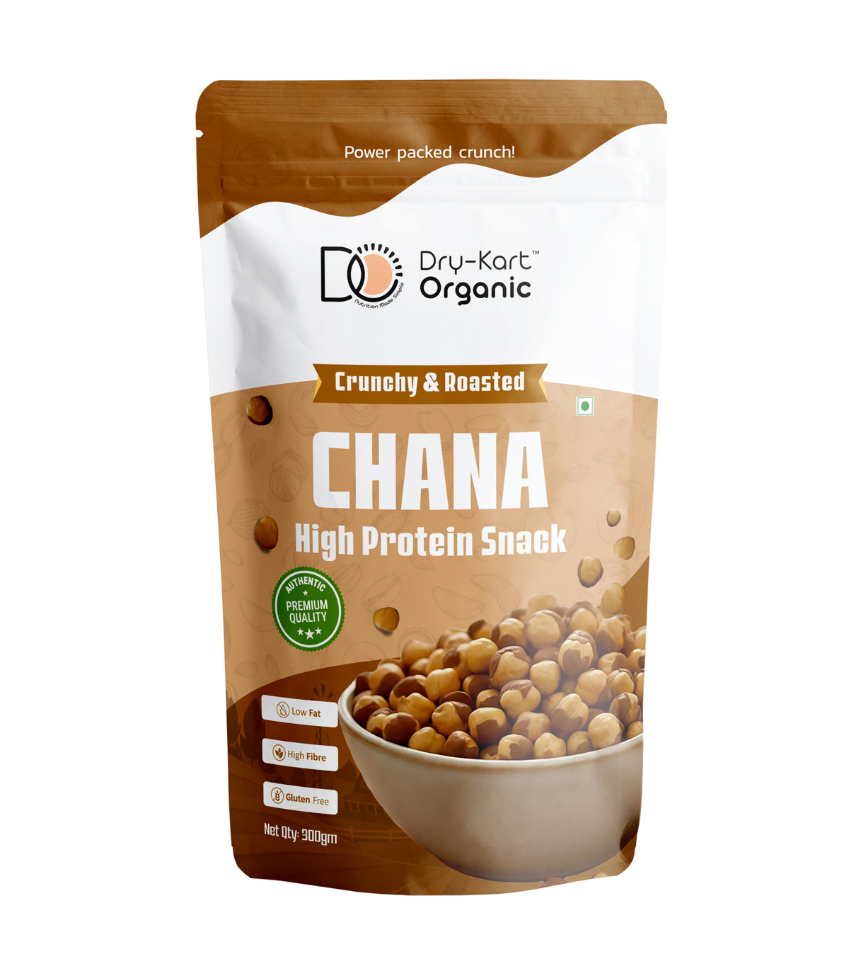 Dry-Kart Organic roasted chana, 300 g pouch, original front view