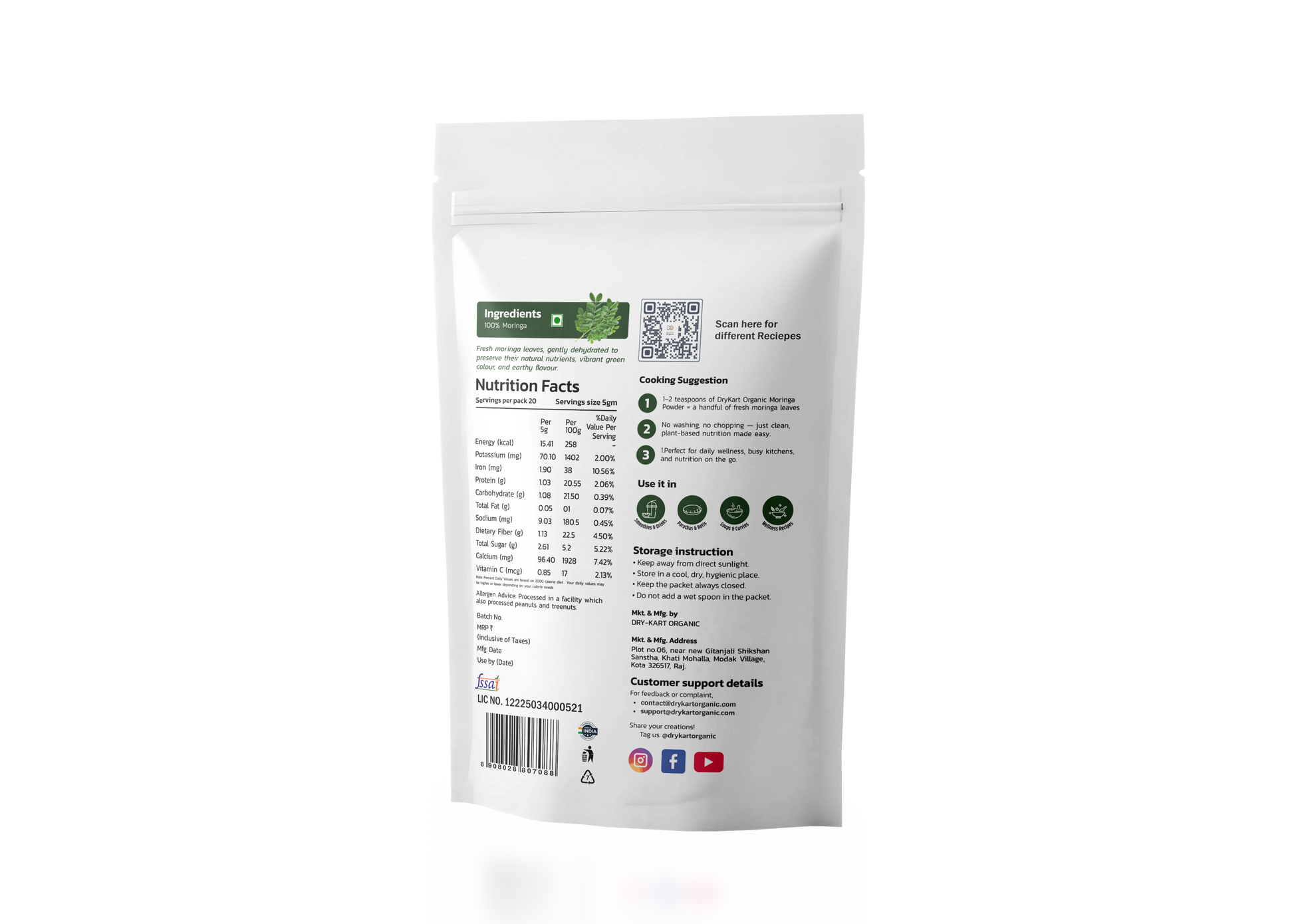 Dry-Kart Organic moringa powder, 100 g pouch, original back view