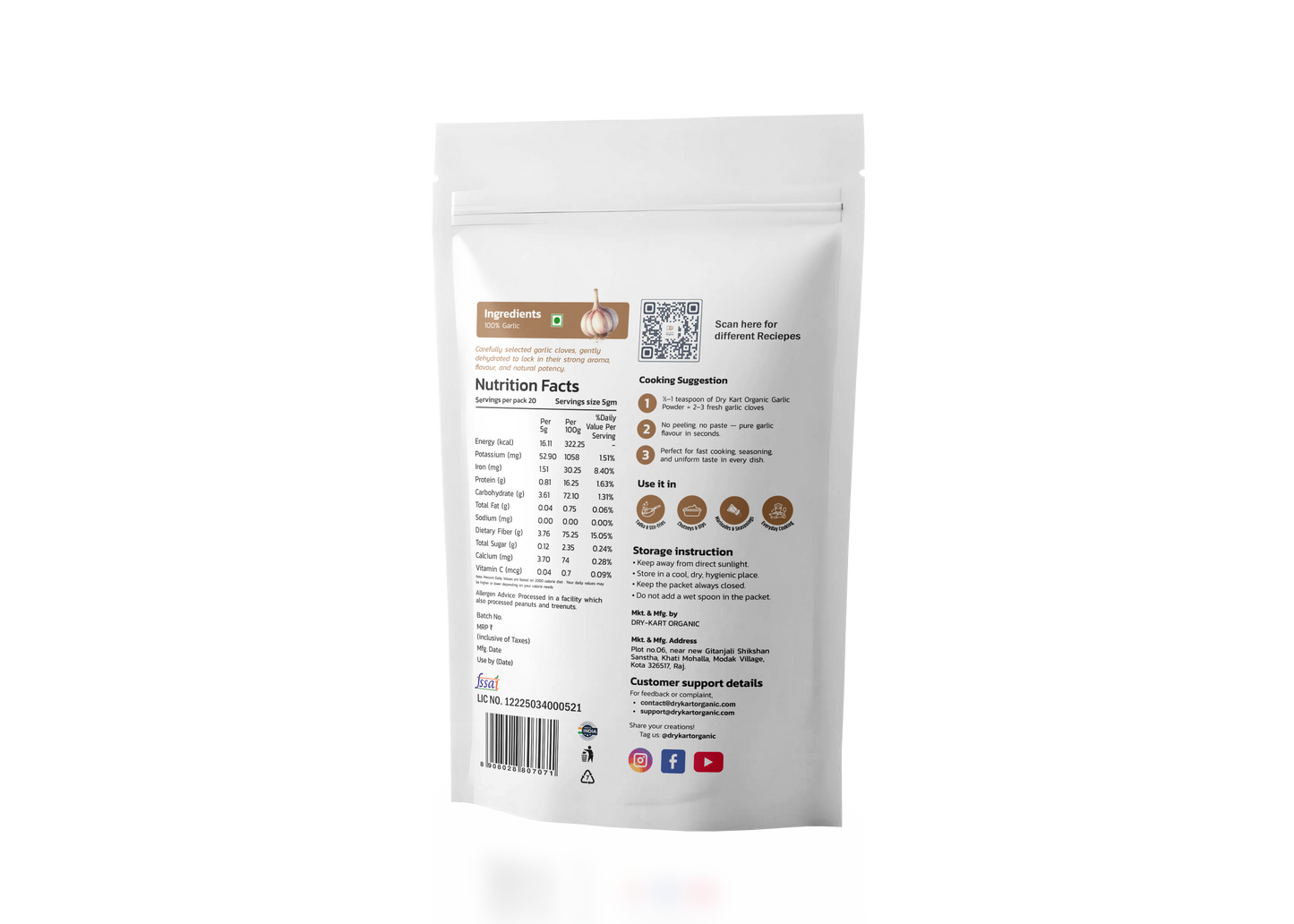 Dry-Kart Organic garlic powder, 100 g pouch, original back view
