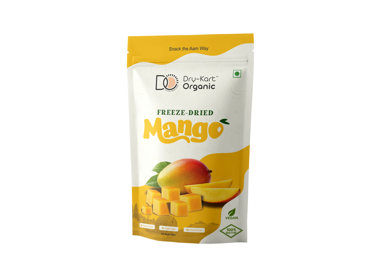 Dry-Kart Organic freeze dried mango, 28 g pouch, original front view