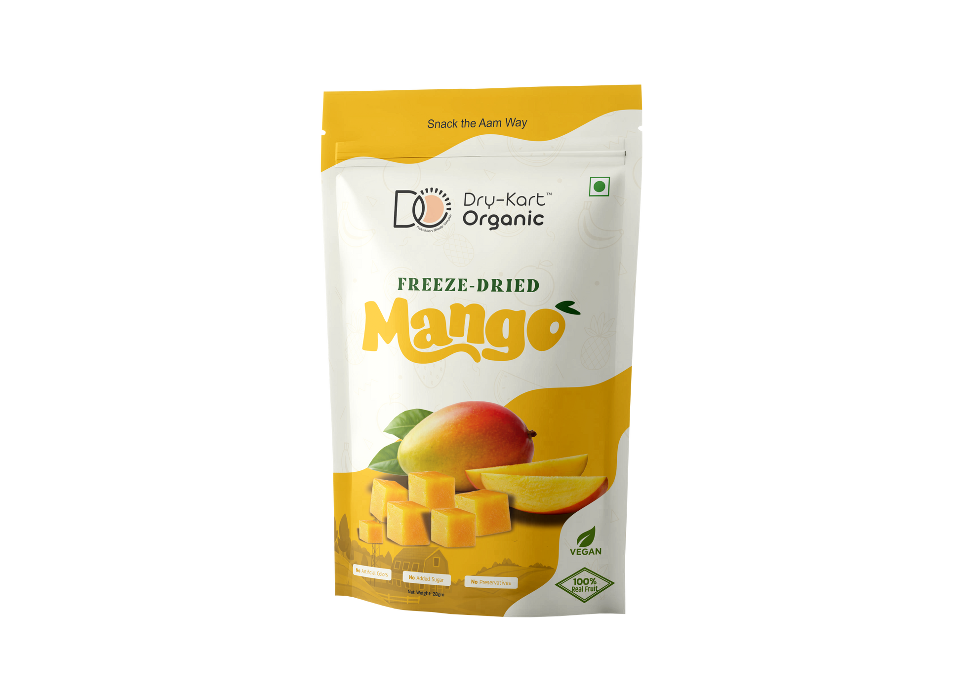 Dry-Kart Organic freeze dried mango, 28 g pouch, original front view