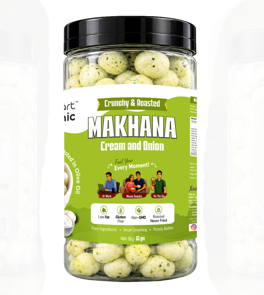 Dry-Kart Organic roasted makhana cream and onion, 55 g PET jar, original front view