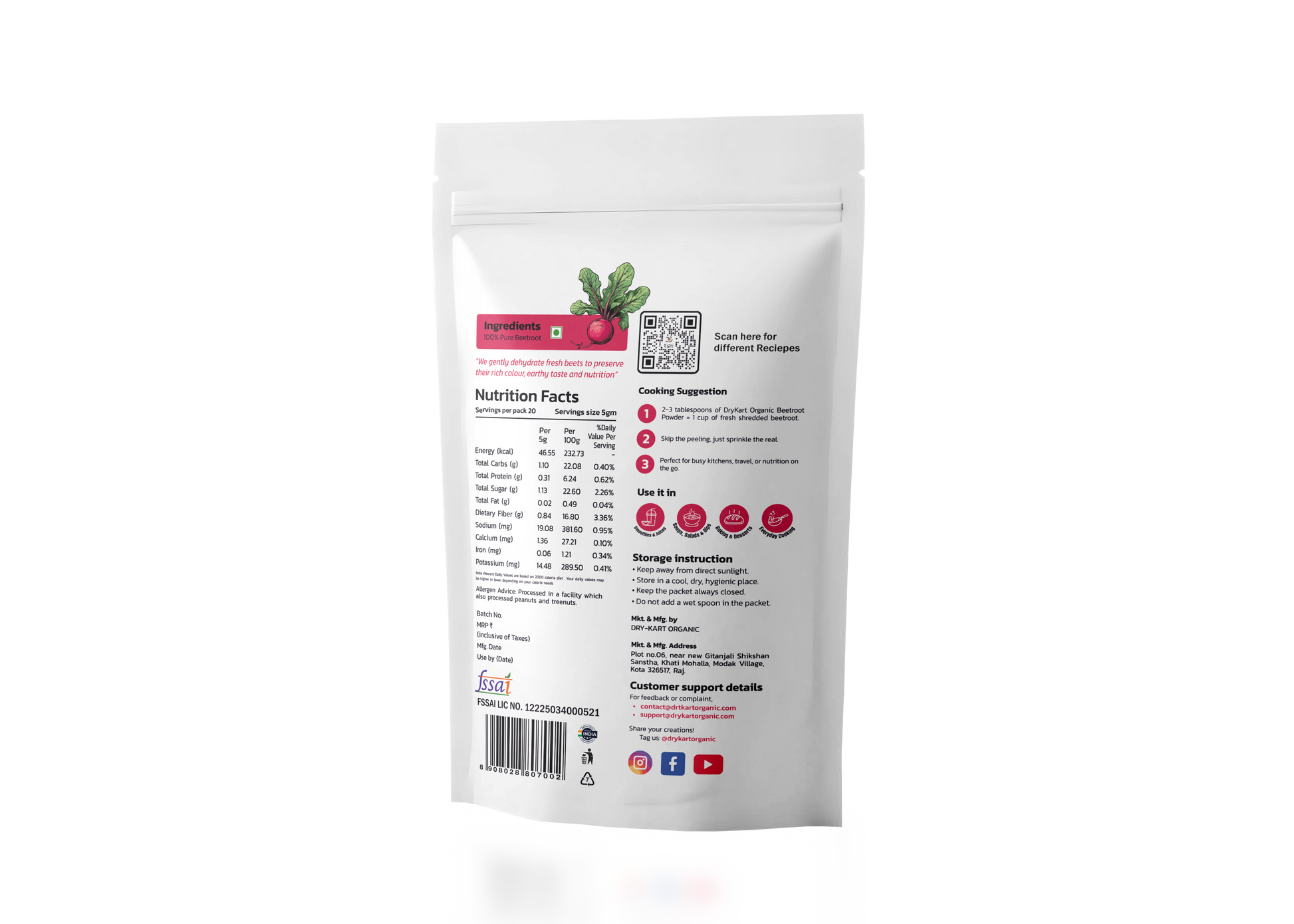 Dry-Kart Organic beetroot powder, 100 g pouch, original back view