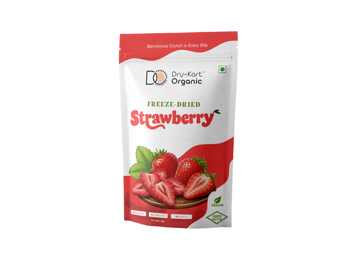 Dry-Kart Organic freeze dried strawberry, 28 g pouch, original front view