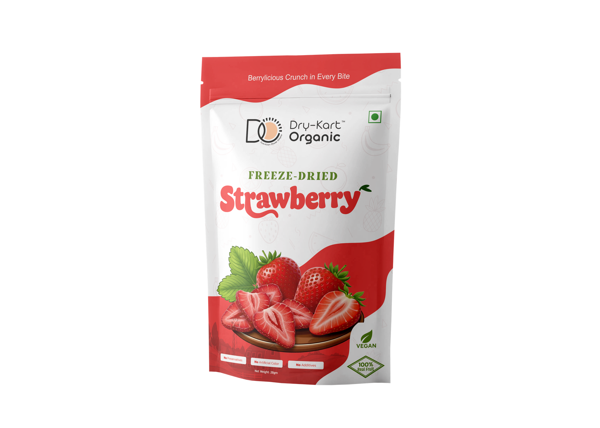 Dry-Kart Organic freeze dried strawberry, 28 g pouch, original front view