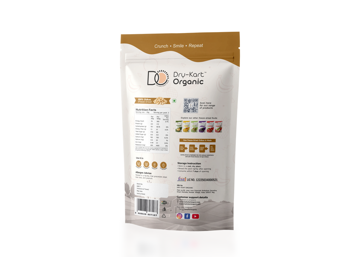 Dry-Kart Organic freeze dried chikoo, 40 g pouch, original back view