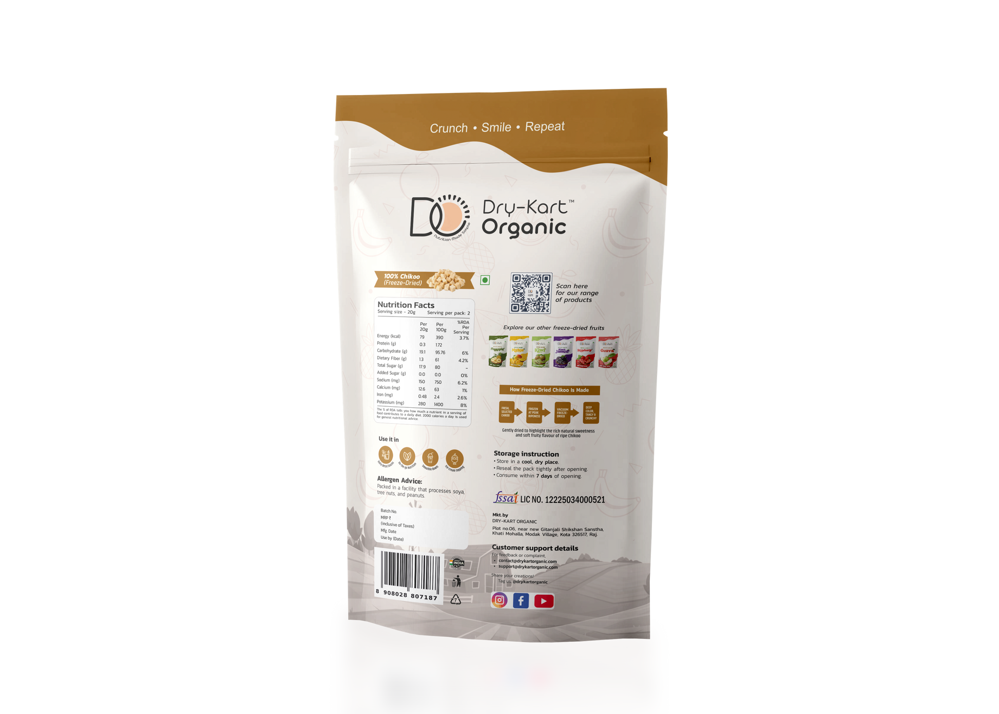 Dry-Kart Organic freeze dried chikoo, 40 g pouch, original back view