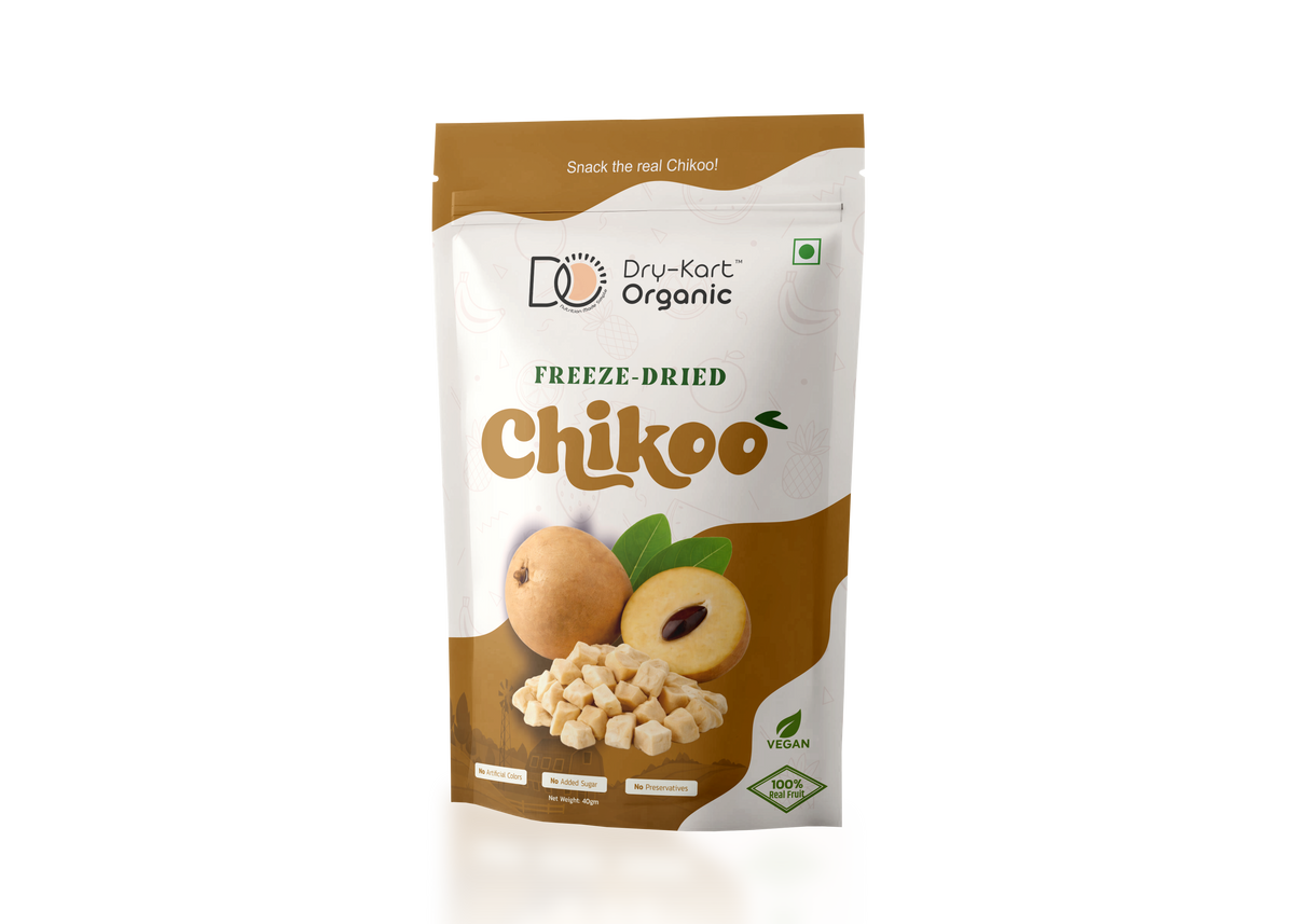 Dry-Kart Organic freeze dried chikoo, 40 g pouch, original front view