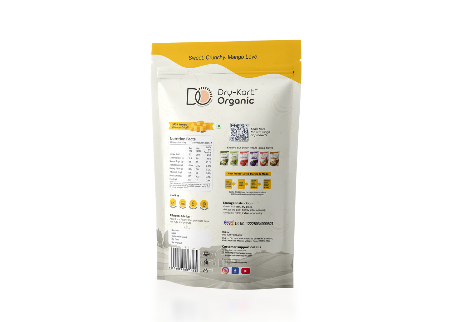 Dry-Kart Organic freeze dried mango, 28 g pouch, original back view