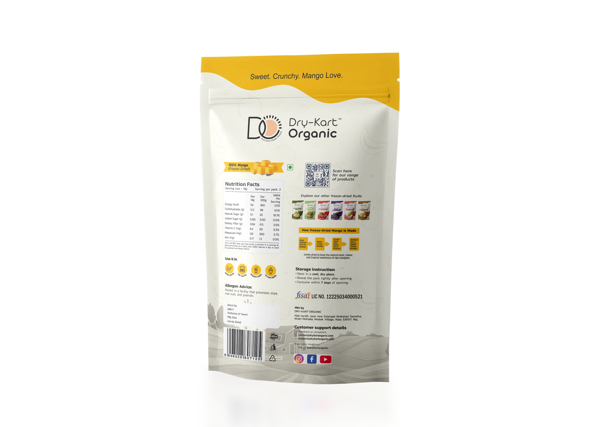 Dry-Kart Organic freeze dried mango, 28 g pouch, original back view